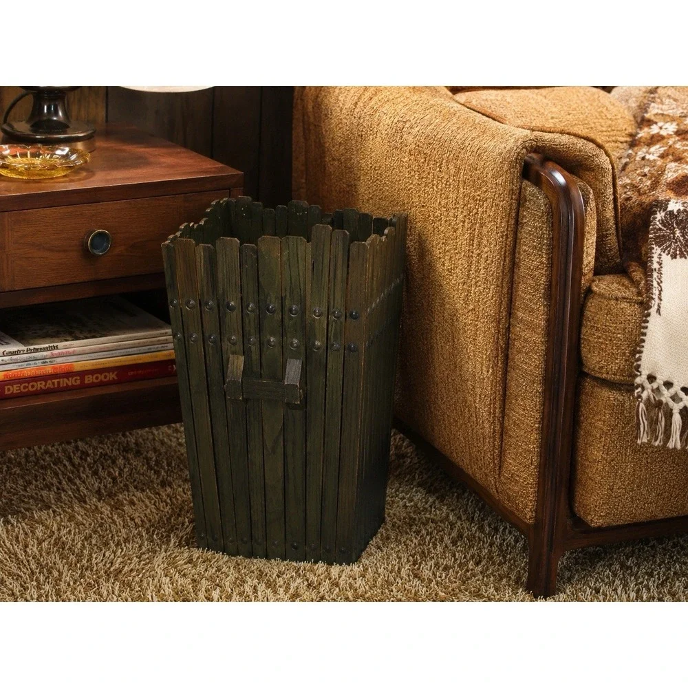 VTG Mission Rustic MCM Stickley-like Slatted Wood Green Waste/ Magazine  Basket
